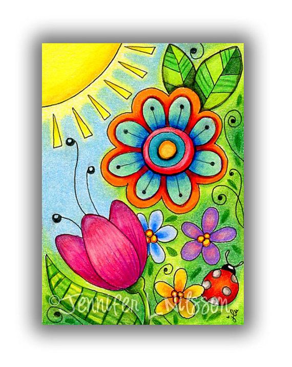 570x716 Aceo Original - Flower Garden Drawing