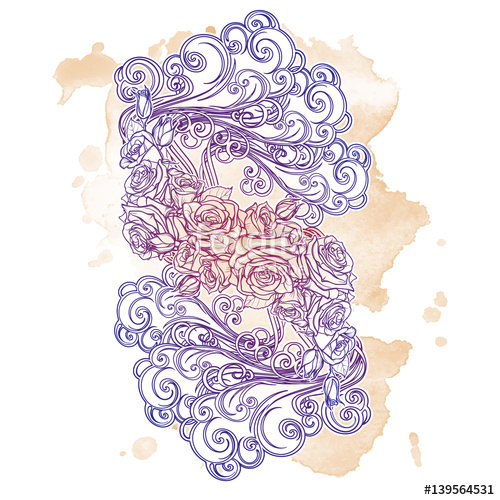 500x500 element air decorative vignette with curly clouds and rose flower - Flower Garland Drawing