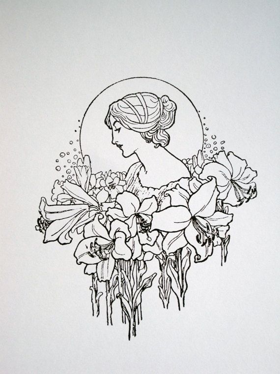 570x760 art nouveau lady with flower garland - Flower Garland Drawing