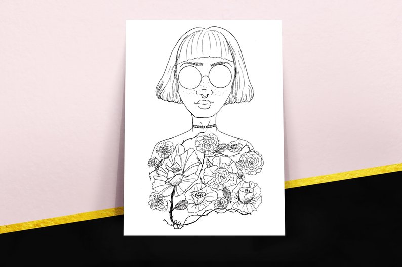 794x529 Flower Girl Poster Art Print Woman Portrait Tumblr Power Etsy - Flower Girl Drawing