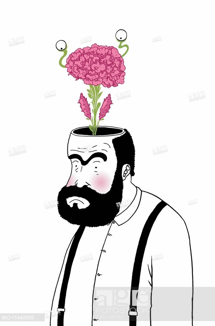 693x1049 flower growing from man's brain, stock photo, picture and rights - Flower Growing Drawing