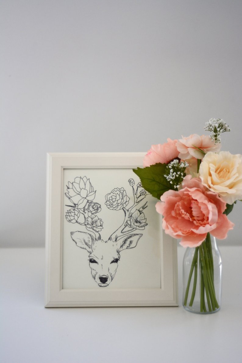 794x1190 Deer Floral Drawing Wall Art Etsy - Flower Growing Drawing