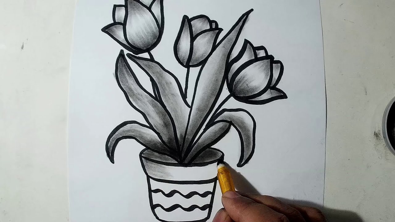1280x720 How To Draw A Flower Pot Charcoal Drawing And Shading - Flower In A Pot Drawing