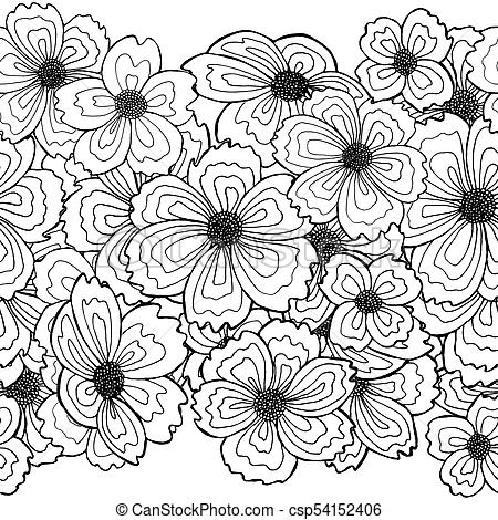 450x470 Seamless Line Drawn Flower Background On White Repeatable Border - Flower Line Drawing