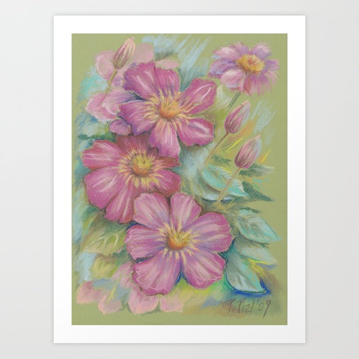 700x700 Clematis Floral Pastel Drawing Spring Flowers Painting Art Print - Flower Pastel Drawing