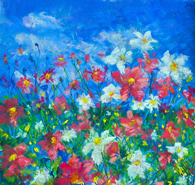 674x640 Field Of Flowers Original Pastel Drawing - Flower Pastel Drawing