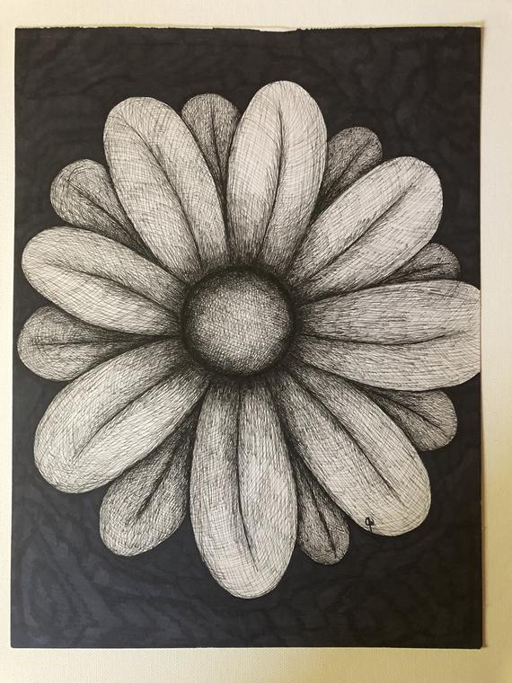 570x760 flower black and white flower pen and ink flower nature etsy - Flower Pen Drawing