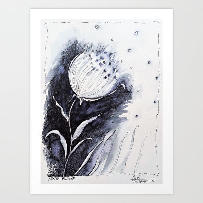 700x700 Night Flower Pen Ink Drawing Art Print - Flower Pen Drawing