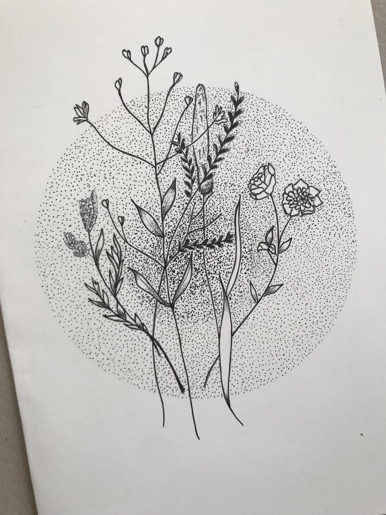 794x1059 Wild Flowers Pen Drawing Etsy - Flower Pen Drawing
