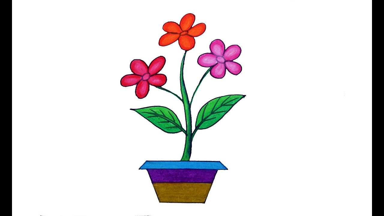 1280x720 How To Draw Flower Tree With Tub, Flower Tree And Pot Drawing - Flower Plant Drawing