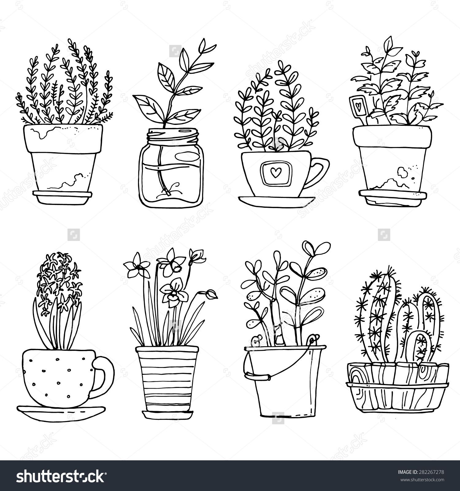 1500x1600 Flowers In Pots Painted Black Line On A White Background Vector - Flower Pot Line Drawing