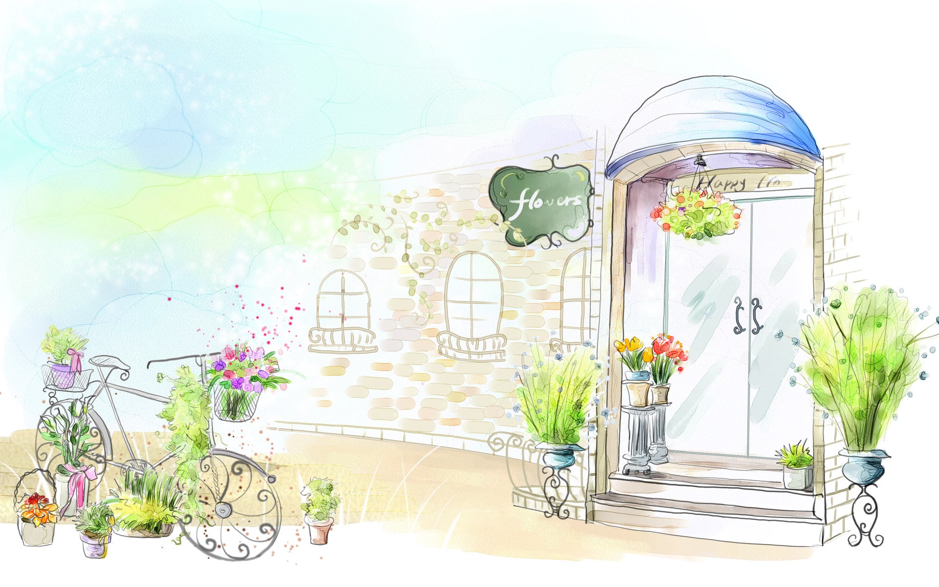 1920x1200 flower shop drawing widescreen wallpaper wide wallpapers net - Flower Shop Drawing