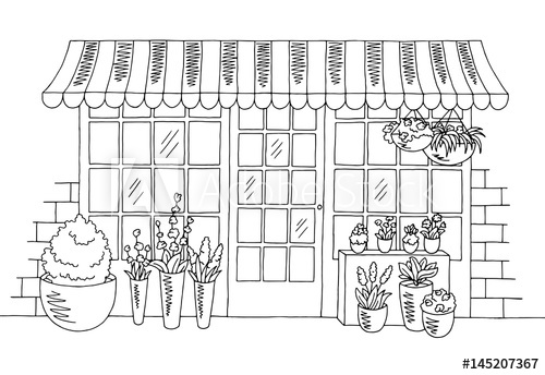 500x344 Flower Shop Graphic Black White Sketch Illustration Vector - Flower Shop Drawing