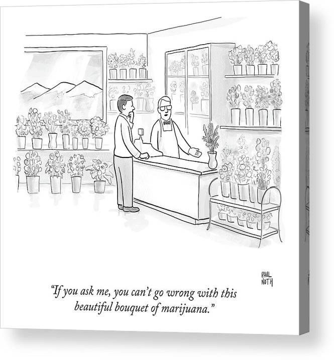 665x718 a man speaks with an assistant at a flower shop acrylic print - Flower Shop Drawing