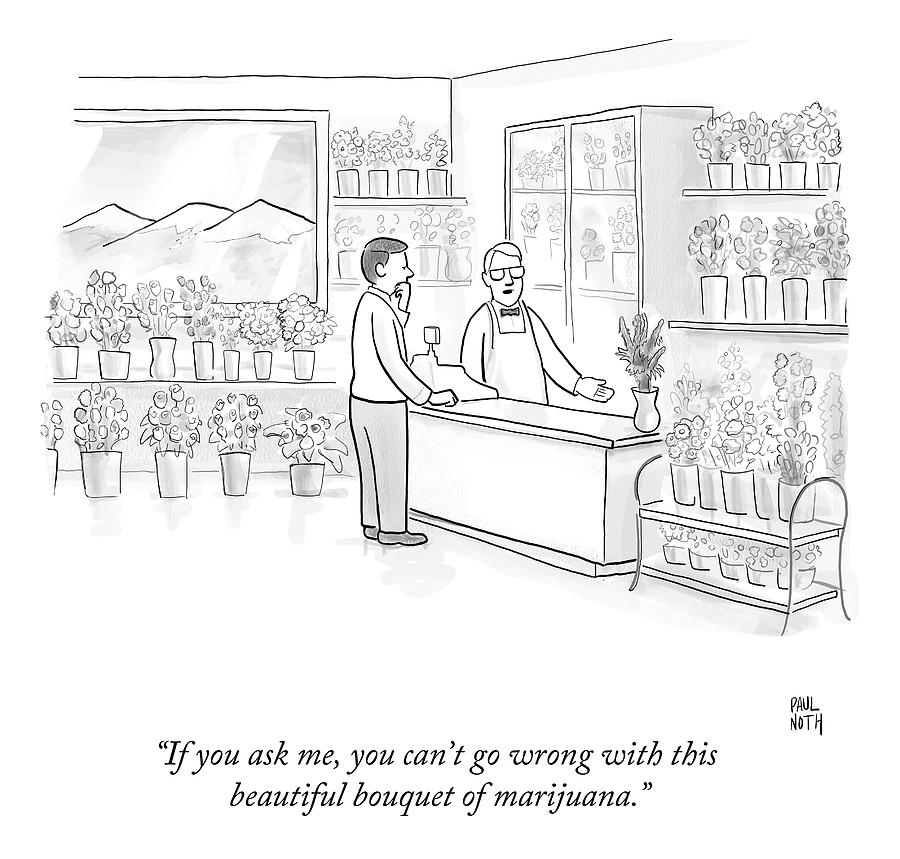 900x859 a man speaks with an assistant at a flower shop drawing - Flower Shop Drawing