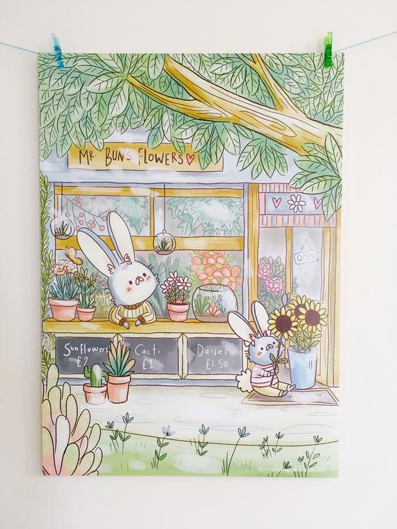 570x760 Poster Cute Illustrated Bunny Rabbit Flower Shop Art Etsy - Flower Shop Drawing