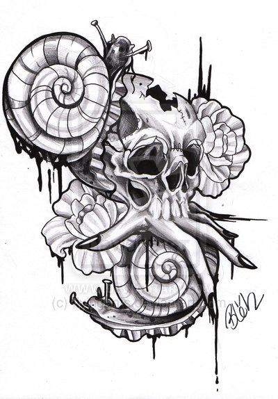 400x574 skull and snails with flowers tattoo design - Flower Skull Drawing