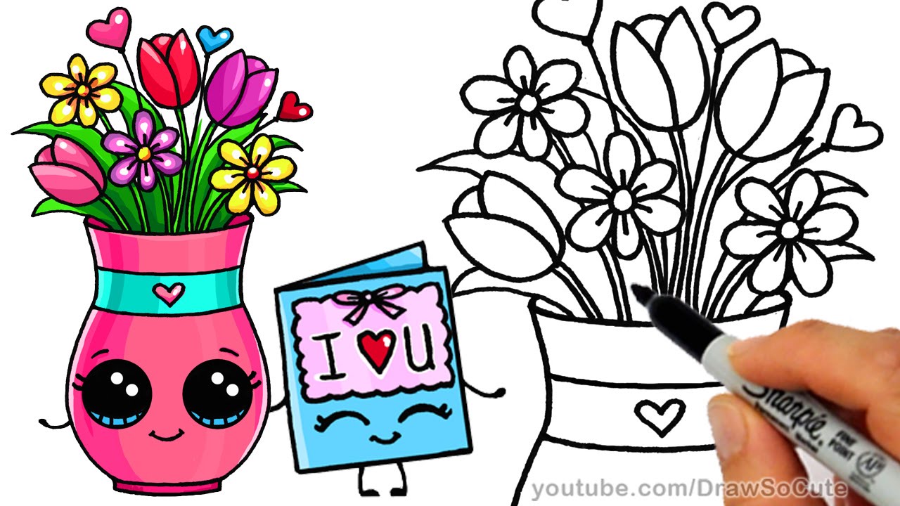 1280x720 How To Draw A Vase With Flowers And Cute Card Step - Flower Vase Drawing