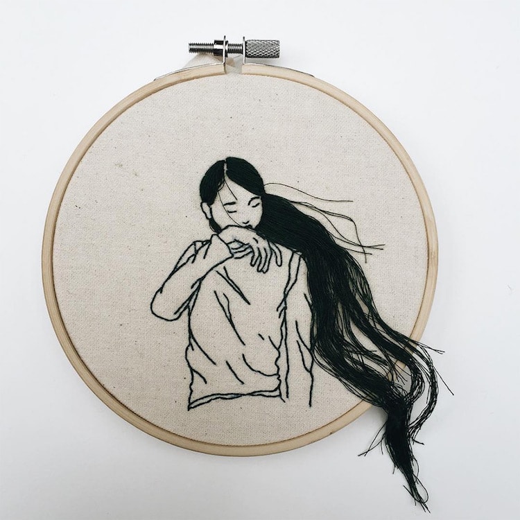 750x750 Artist Embroiders Portraits Of Women Using Cascading Thread As - Flowing Hair Drawing