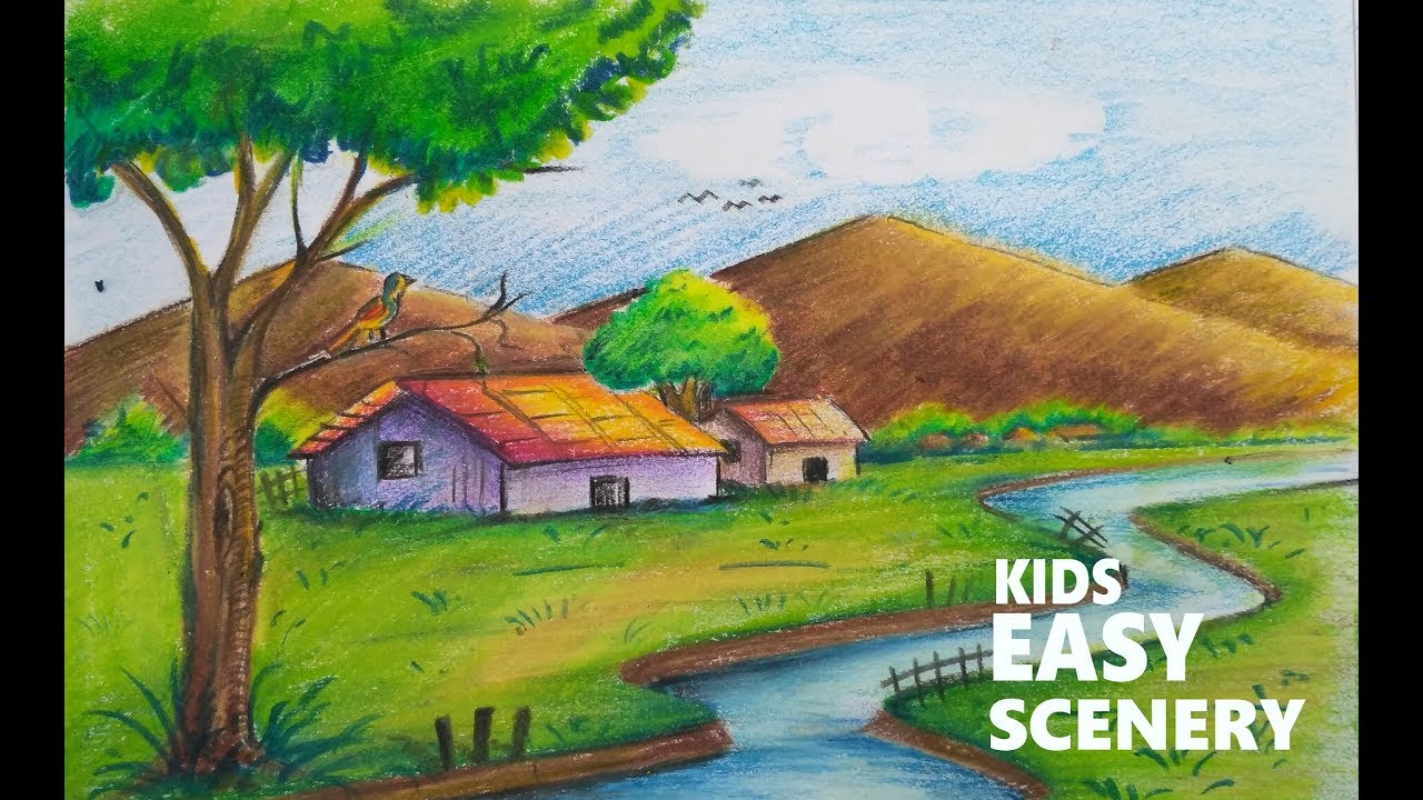 1280x720 How To Draw Scenery Of A Village With Mountains And River For Kids - Flowing River Drawing