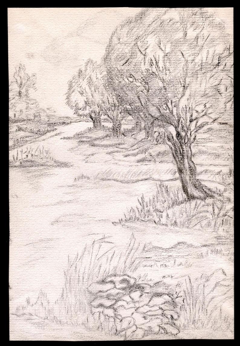 794x1145 Print Of Original Charcoal Drawing Springtime Springtime Etsy - Flowing River Drawing