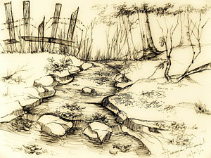 300x225 The Fence Original Drawing - Flowing River Drawing