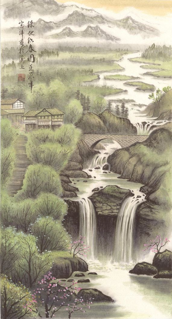 570x1057 Village With Nearby Flowing River Original - Flowing River Drawing