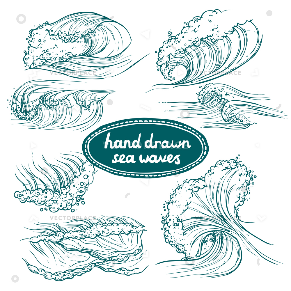 1000x1000 Waves Flowing Water Hand Drawn Sea Vector Illustration - Flowing Water Drawing
