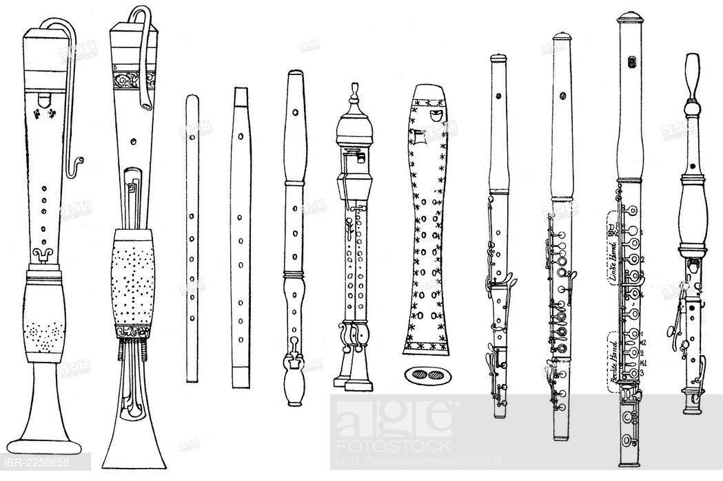1049x699 historical drawing, various forms of ancient woodwind instruments - Flute Drawing