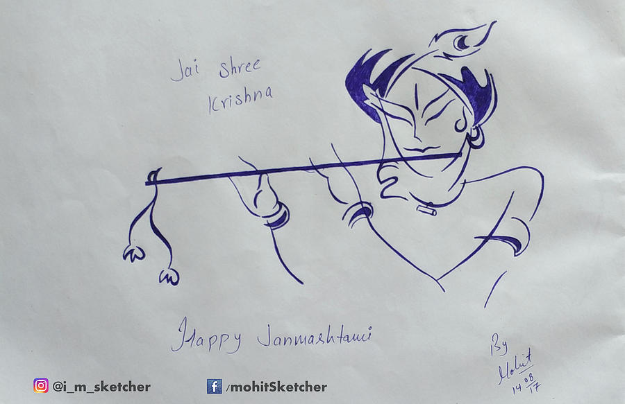 900x583 krishna playing flute drawing - Flute Drawing