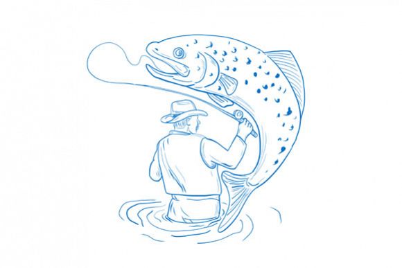 580x387 fly fisherman trout fishing drawing - Fly Fisherman Drawing