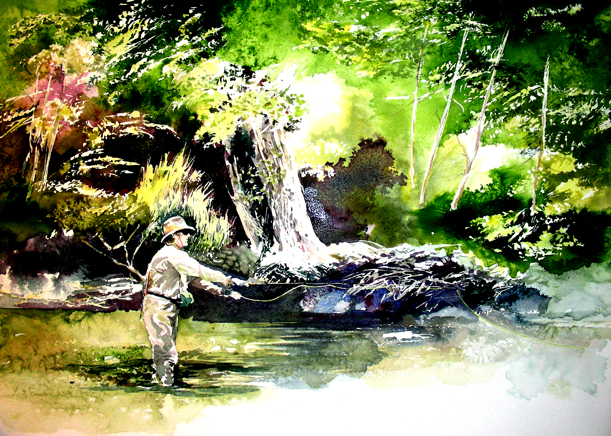 2100x1500 fly fishing watercolor nearly finished, halloween - Fly Fisherman Drawing
