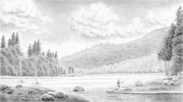 600x334 fly fishing for cut throat trout, drawing brant friesen marine art - Fly Fisherman Drawing