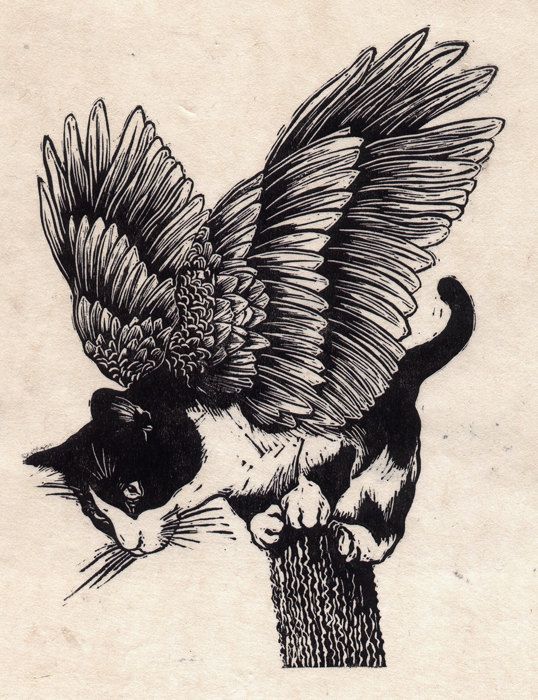 538x700 Flying Cat Linocut - Flying Cat Drawing