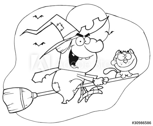 500x412 Outlined Mascot Cartoon Character Flying Cat And Witch - Flying Cat Drawing