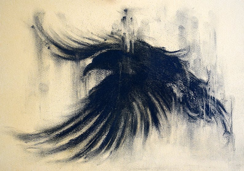 794x556 Original Charcoal Drawing Flying Crow Black And White Dark Art Etsy - Flying Crow Drawing