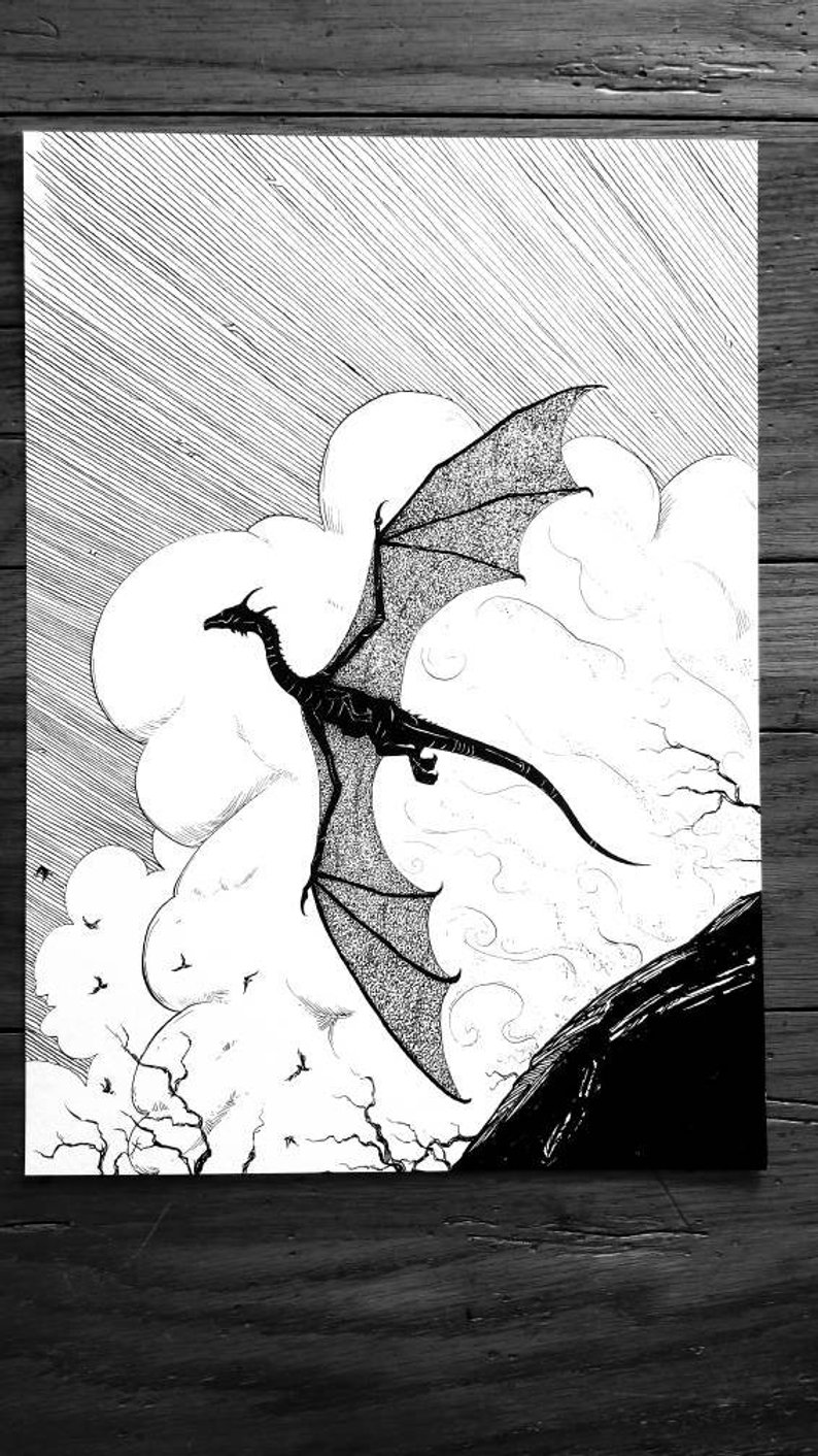 794x1412 Flying Dragon Original Ink Drawing Etsy - Flying Dragon Drawing