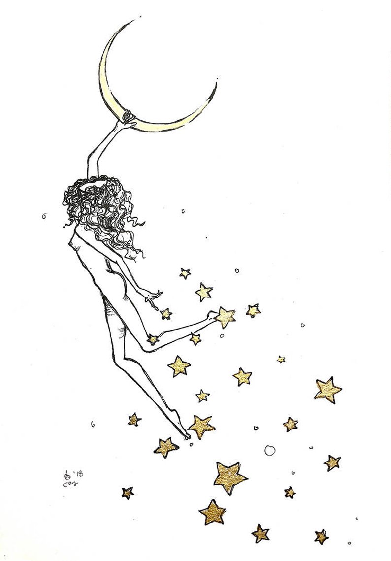 794x1139 Moon Stars Girl Flying Drawing Illustration Carpe Etsy - Flying Drawing