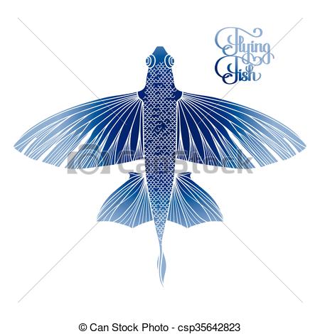 450x470 Graphic Flying Fish Drawn In Line Art Style Top View Sea - Flying Fish Drawing