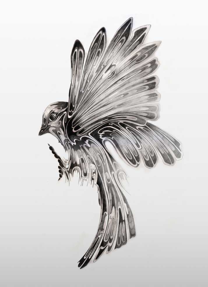 714x985 Unique Black And White Flying Bird Tattoo Design - Flying Sparrow Drawing