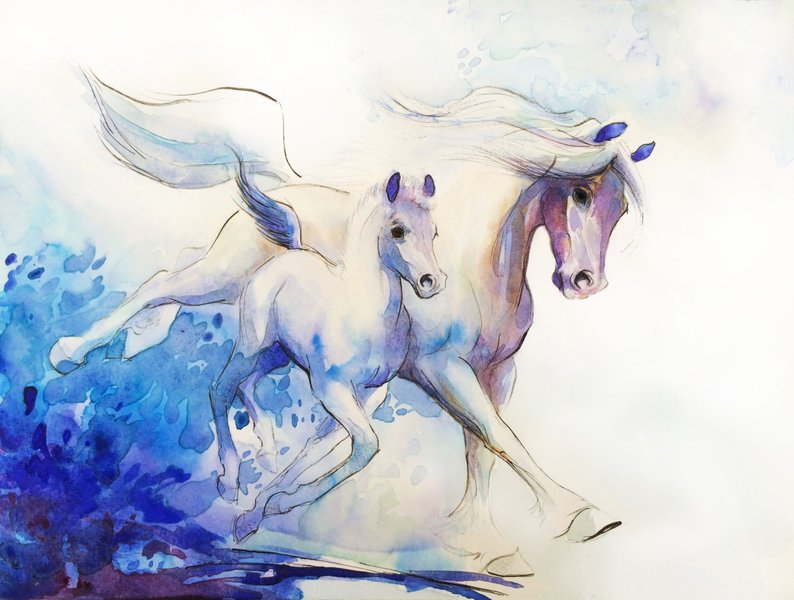 794x600 watercolor horse art watercolor mare and foal drawing etsy - Foal Drawing