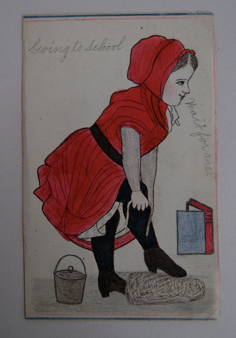 1000x1432 folk art drawing schoolgirl going to school antique pen and ink - Folk Drawing