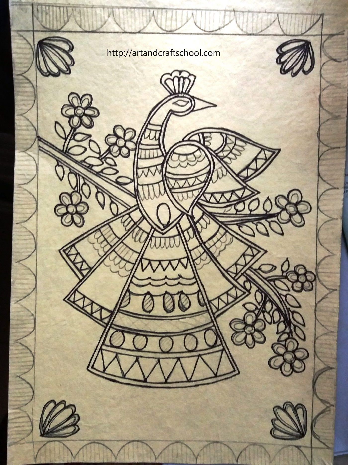 1400x1867 madhubani peacock design madhubani in kalamkari painting - Folk Drawing