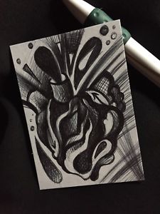 225x300 black heart original aceo pen drawing art card ink sketch usa folk - Folk Drawing