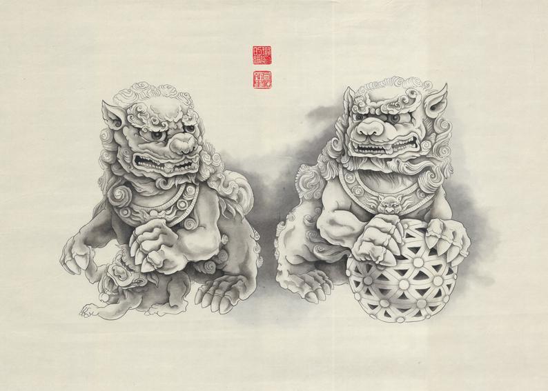 794x567 fu dogs stone lions art print limited edition chinese ink etsy - Foo Dog Drawing