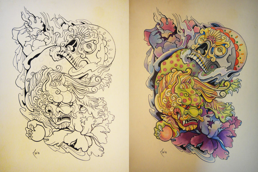 900x600 tattoo design japanese foo dog and skull - Foo Dog Drawing