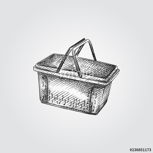 500x500 Hand Drawn Shopping Basket Sketch Symbol Isolated On White - Food Basket Drawing