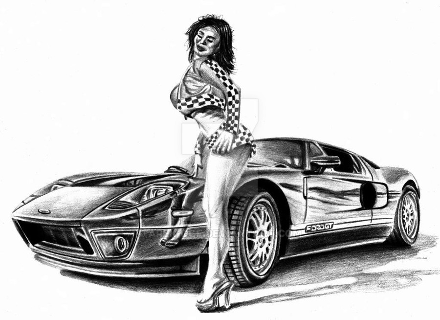 900x654 Ford Gt And Girl - Ford Gt Drawing