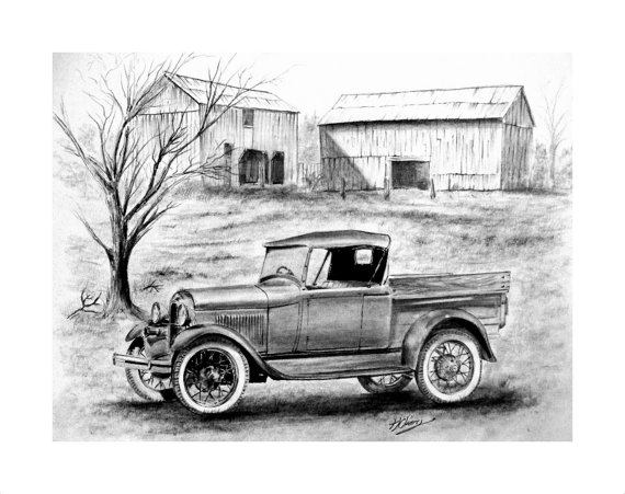 570x451 Ford Model T Graphite Pencil Drawing Print - Ford Model T Drawing