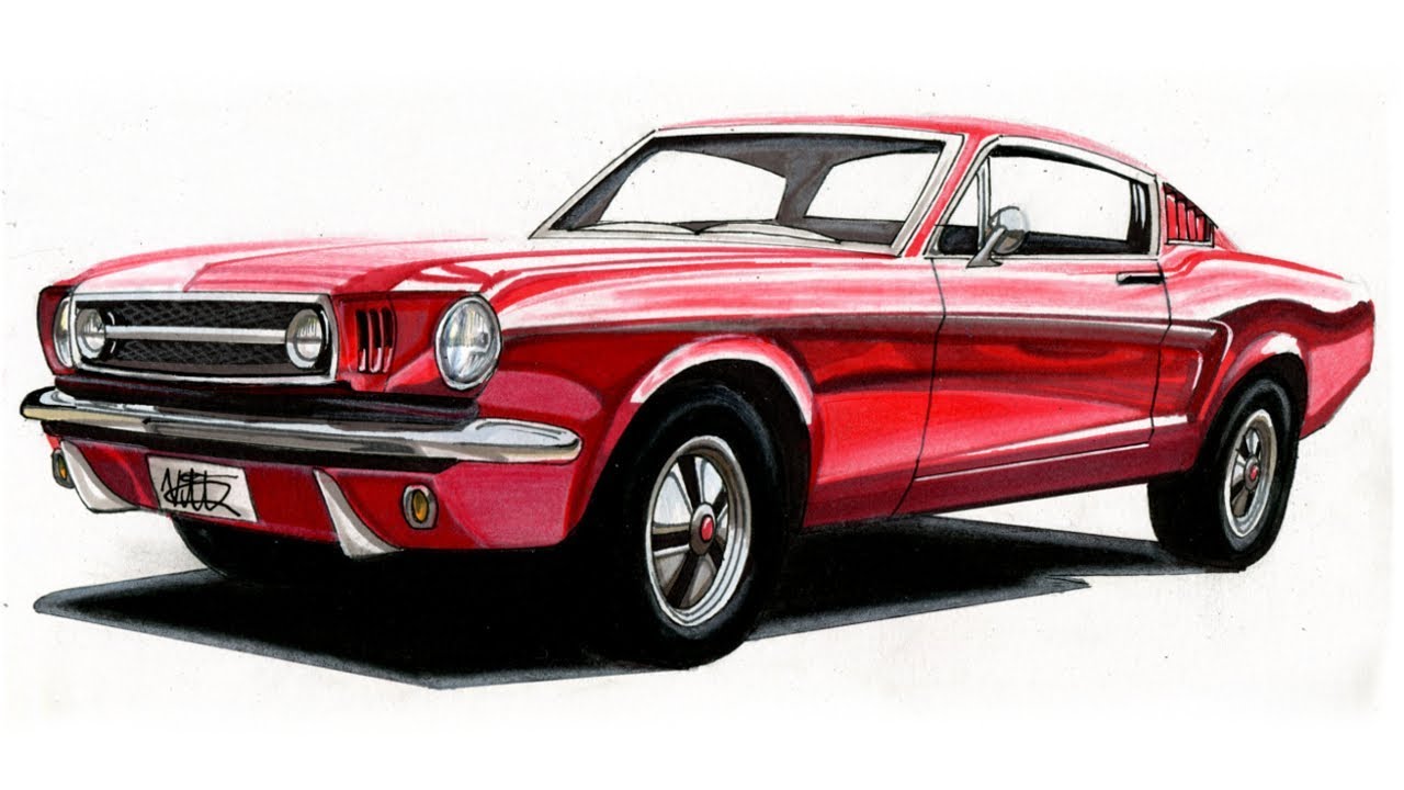 Realistic Car Drawing - Ford Mustang Drawing. 